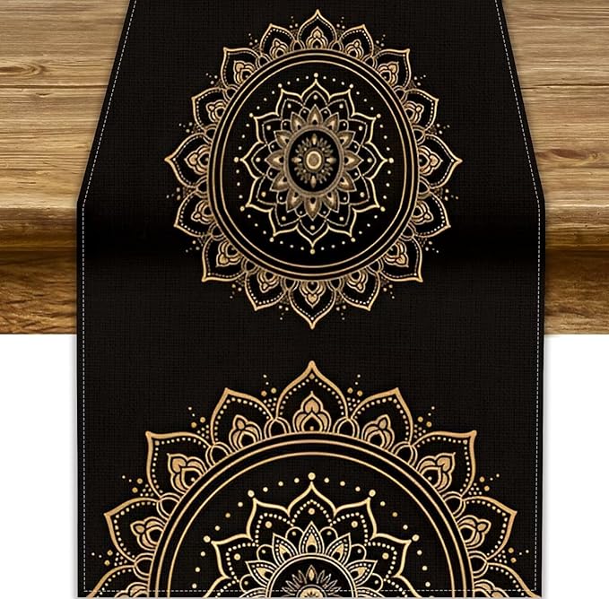Golden Mandala Table Runner, Traditional Indian Gold Black Flower Vintage Luxury Bohemian Mandala Table Runner for Home Kitchen Dinning Table Indoor Outdoor Holiday, 13x36inch