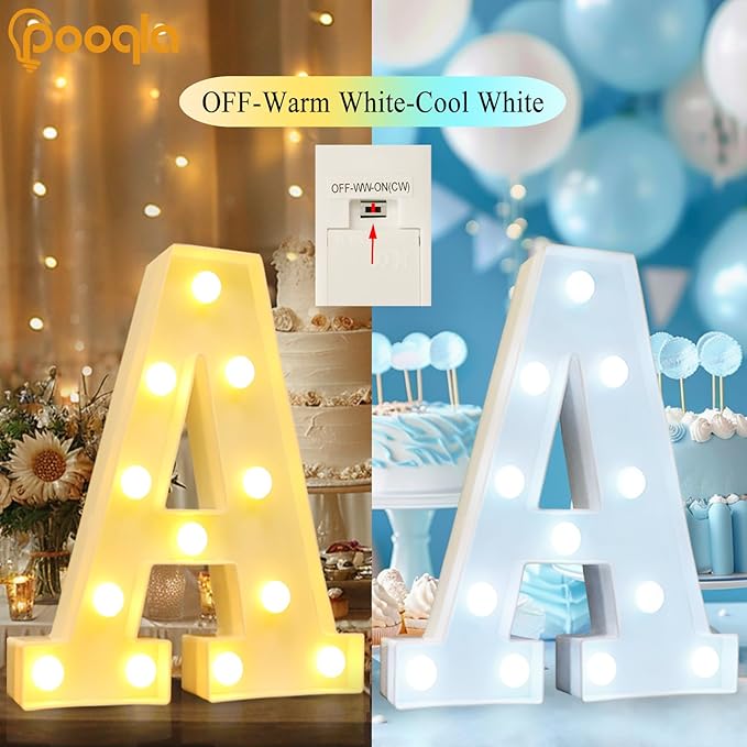 Pooqla LED Marquee Letter Lights, Warm White and Cool White Decorative Lighted Letters, Light Up Alphabet Letters for Boys Girls, Party, Wedding, Bar, Night Light, Birthday Decoration, Letter A