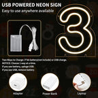 Number 3 LED Neon Sign Backdrop Birthday Party Decoration, 11.3" Height Warm White Marquee Numbers Three Light Up Sign for Wedding Anniversary Window Wall Table, Indoor Battery Operated or USB