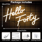 LED Hello Forty Neon Sign 16.5x9.4 inch - Dimmable Wall Decor for 40th Birthday, Bedroom, Office, Beauty Salon with USB Power