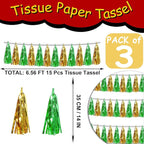 3P Sage-Green Gold Metallic Fringe Tassel Banner Garland Foil Tinsel Streamer Wall Hanging Curtain Backdrop Banners for Parade Floats, Graduation Decorations, Woodland Party Decoration