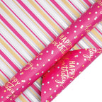 LeZakaa Reversible Pink Birthday Wrapping Paper Roll for Girls Women, Happy Birthday Lettering & Stripe Pattern with Metallic Foil in Rose Pink, Mini Roll, 17 inches x 32.8 Feet (46.45 sq.ft.)