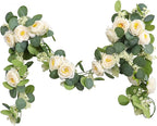 MAKHOT 2PCS 6.6Ft Artificial Eucalyptus Garland, Green Vines and Champagne Artificial Roses Combined to Form an Artificial Rose Garland for Wedding, Table, Party, Fireplace, and Home Decor.