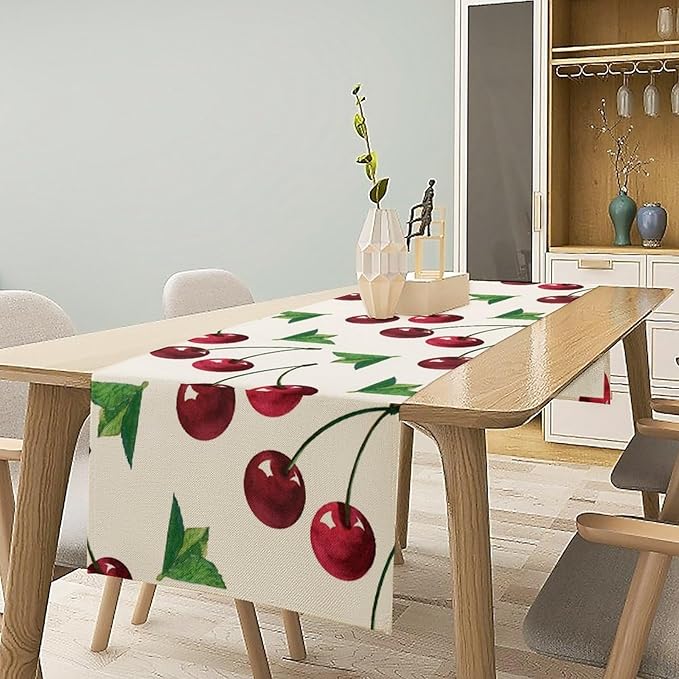 Red Cherry Table Runner Watercolor Tropical Fruit Spring Summer Wild Berry Dinner Runner for Girl Baby Party Holiday Home Kitchen Dining Table Decor 13x90
