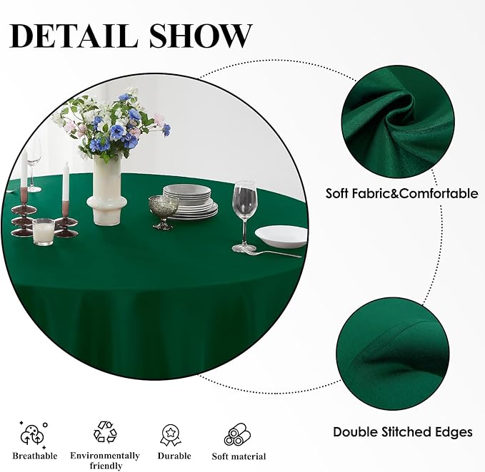 Round Tablecloth 132 Inch 2 Pack Dark Green Tablecloths Washable Decorative Linen Polyester Table Clothes Cover for Dining Table Banquets Buffet Parties and Wedding