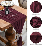 2 Pack 10 Ft Chiffon Table Runner Burgundy Gauze Long Table Runners 27x120 Inches Sheer Tulle Table Runner for Rustic Wedding Reception Bridal Shower Decorations Birthday Party