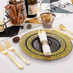 NOCCUR 210pcs Black and Gold Dinnerware Set - Black Disposable Plates and Napkins Party Supplies Include 60 Dinner/Dessert Plates, 30 Prerolled Plastic Cutlery&30 Cups for Party, Birthday, Halloween