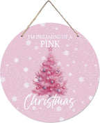 CGBHW Pink Christmas Tree Wooden Sign, Winter Holiday Theme Hanging Sign Wall Decor for Girls Room Home College, Aesthetic Christmas Xmas Snowflake Door Decor 12 x 6 Inch