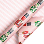 LeZakaa Christmas Pink Wrapping Paper Mini Roll for Kids, Pink Metallic Foil Gift Wrap Paper with Red & Green Nutcracker Soldier & Stripe Reversible Design, 17 inches x 32.8 Feet