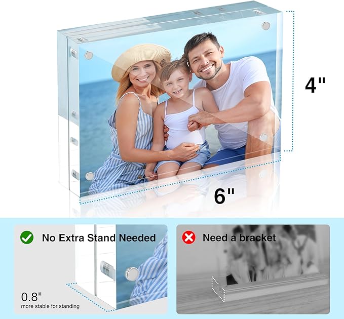 HOUSE DAY Acrylic Picture Frames 4x6, 2 Pack Magnetic 4 x 6 Picture Frame, Double Sided Clear 4x6 Photo Frame with Microfiber Cloth, Frameless FreeStanding 4x6 Frame Gift for Desktop Display