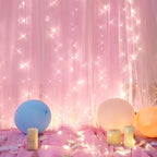 10ft x 10ft Pink Tulle Photo Backdrop Curtain with Lights String for Parties Wedding Sheer Baby Pink Curtain Backdrop for Birthday Party Baby Shower Photo Booth Photography Background Decorations