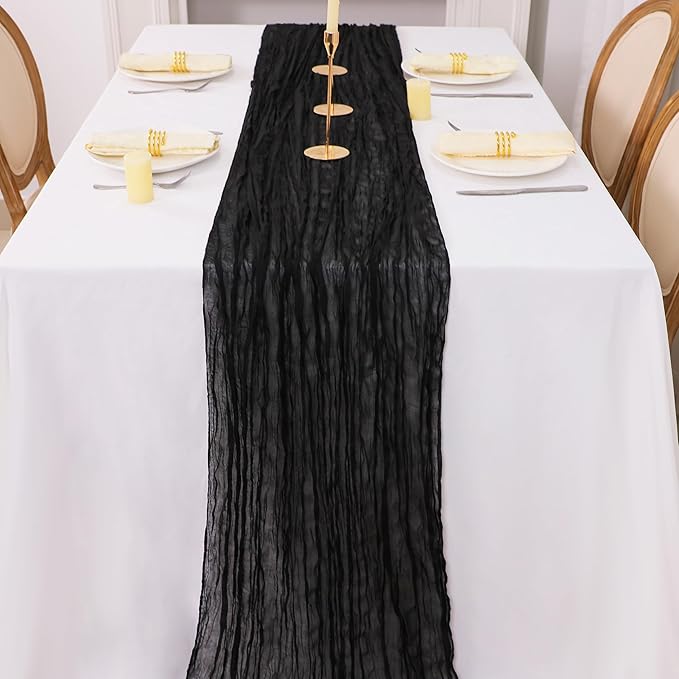Snowkingdom 13Ft Black Cheesecloth Table Runner, 160inch Long Cheese Cloth Boho Gauze Runner for Wedding Bridal Baby Shower Birthday Holiday Party Sheer Halloween Table Decorations
