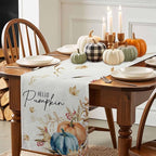 Fall Thanksgiving Cotton Linen Table Runner for Dining Kitchen, Orange Pumpkins Outdoor Party Autumn Tablerunners Decoration, Rustic Wheat Leaves Dresser Scarf Coffee Tablecloth Runners 13x48 Inches