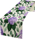 Spring Hydrangea Flower Table Runner, Seasonal Summer Plants Eucalyptus Leaves Purple Florals Dinner Runner for Home Kitchen Dining Table Party Holiday Decoration 13"x36"