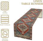 Boho Floral Vintage Table Runner, Red Blue Retro Flower Rustic Country Farmhouse Pattern for Home Kitchen Table Decor Dining Coffee Room Party Decor 13x60in