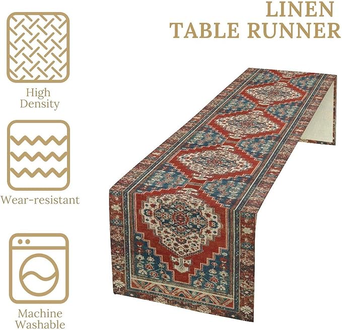 Boho Floral Vintage Table Runner, Red Blue Retro Flower Rustic Country Farmhouse Pattern for Home Kitchen Table Decor Dining Coffee Room Party Decor 13x90in