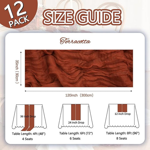 12 Pack Fall Thanksgiving Table Runner Terracotta Cheesecloth 10ft Boho Gauze Fabric Cheese Cloth Burnt Orange Table Runner 35 x 120 Inch Rustic Sheer for Wedding Décor Party Centerpiece Decoration
