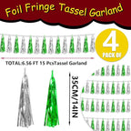 4P Green Silver Foil Fringe Tassel Banner Garland Metallic Tinsel Streamers Wall Hanging Curtain Backdrop Banner for Parade Floats, 2024 Graduation Decorations, Father's Day Party Decoration