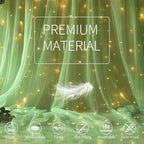 Sage Green Tulle Backdrop Curtain with Lights String - 10x8ft Sheer Backdrop with 250 LEDs for Wedding, Baby Shower, Bridal Shower, Birthday Party Photo Shoot Background and Home Decorations