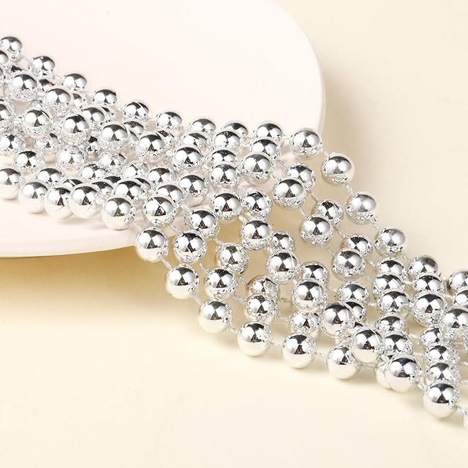 [33 Feet] Silver Pearl Beads Garland, 10MM 11 Yards Silver Faux Pearl Beads String Roll Bulk for DIY Craft Christmas Tree Wedding Party Decoration