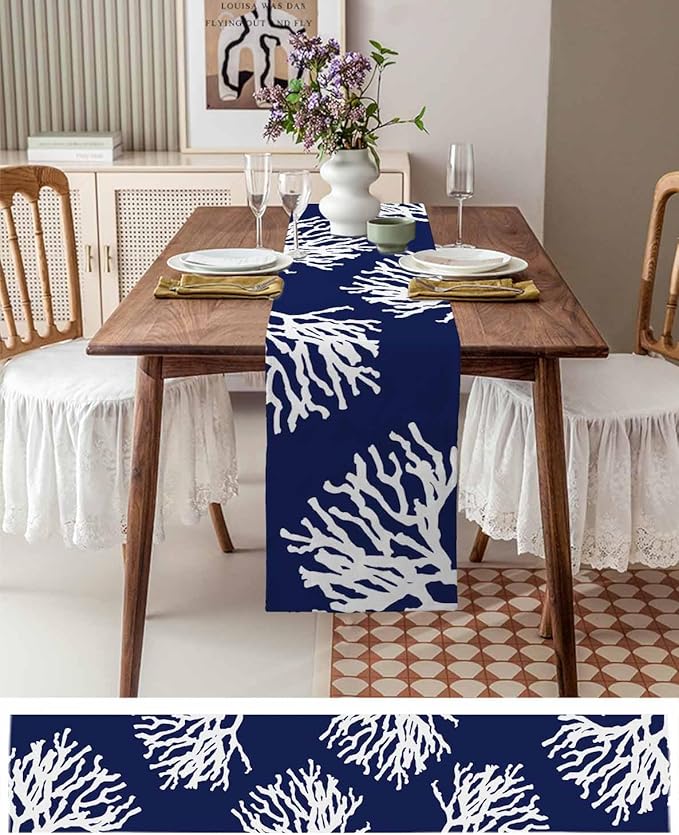 Coastal Coral Cotton Linen Table Runner for Dining Kitchen, Wedding Outdoor Party Tablerunners Decoration, Navy Blue Nautical Ocean Beach Dresser Scarf Coffee Tablecloth Runners 13x108 Inches