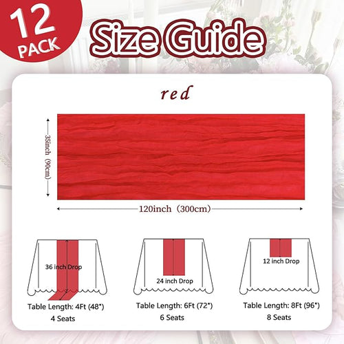 12 Pack Red Cheesecloth Christmas Table Runner 10ft Boho Gauze Fabric Cheese Cloth Table Runner 35 x 120 Inch Rustic Sheer Runner for Wedding Home Decor Holiday Party Table Centerpiece Decoration