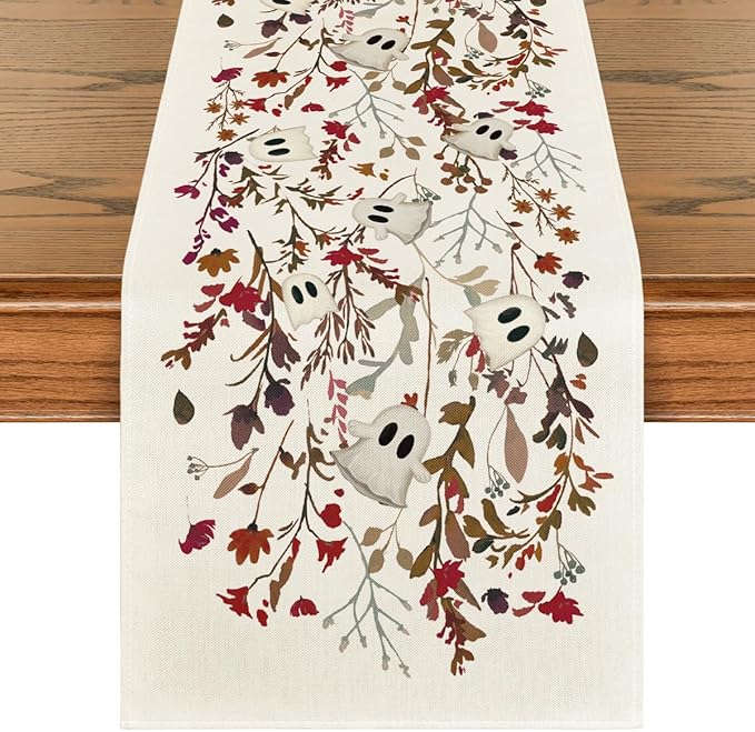 Artoid Mode Ghost Flowers Leaves 210 GSM Halloween Table Runner,Seasonal Fall Kitchen Dining Table Decoration for Home Party Decor 13x36 Inch