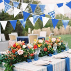 32Ft Deep Blue Party Decorations Blue Buffalo Plaid Checkered White Triangle Flag Gingham Pennant Bunting Fabric Garland for Picnic Racing Car BBQ Birthday Wedding Outdoor Garden Oktoberfest Decor
