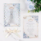 50pcs Laser Cut Wedding Invitation Pockets 5x7 '' Dusty Blue Wedding Invitations Kit With Envelopes Blank Inner Sheet and Ribbon for Wedding Bridal Shower Quinceanera Engagement Party Invite
