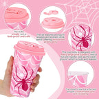 Yungyan 24 Sets Pink Spider Party Favors Goodie Cups with Lids and Straws for Halloween Party Decorations Reusable 16oz Plastic Candy Cups Plastic Straws for Birthday Gift (Pink Spider)