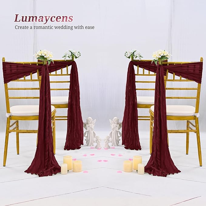 50 PCS Cheesecloth Chair Sashes Bows Wedding Aisle Decorations Chair Ribbon Ties Back Sash for Wedding Party Events Banquet Chair Cover Decoration (Burgundy)
