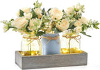 Mkono Mason Jar Lights Centerpiece Table Decor for Dining Room Farmhouse Wood Tray with 3 Jars Flowers Center Pieces Spring Decor for Coffee Table Kitchen Living Room, Grey Blue