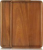 2 PCS Solid Acacia Wood Serving Trays 16 * 12 inch Rectangular Wooden Serving Platters Natural Wooden Boards for Bar Coffee Party