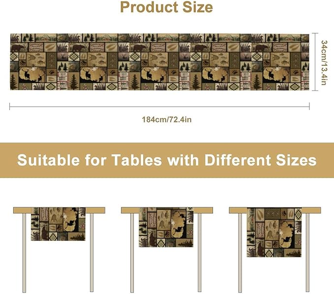 Vintage Deer Bear Table Runner, Fish Retro Farmhouse Cabin Lake Country Lodge Table Runner for Home Dinner Kitchen Living Room, 13x70 Inch
