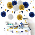 Navy-Blue White Gold Paper Flowers - 15pcs 5 Size Tissue Paper Pom-Poms,Men Birthday Graduation Bachelorette Decorations Baby Boy Room Hanging Decor Engagement Party Backdrop Decoration Panduola