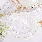 Rubtlamp 350 Pcs Clear Gold Plastic Plates, Hammered Disposable Dinnerware, Clear-Gold Plates Set Include 100 Plastic Platos, 150 Gold Disposable Silverware, 50 Cups And 50 Napkins for Party