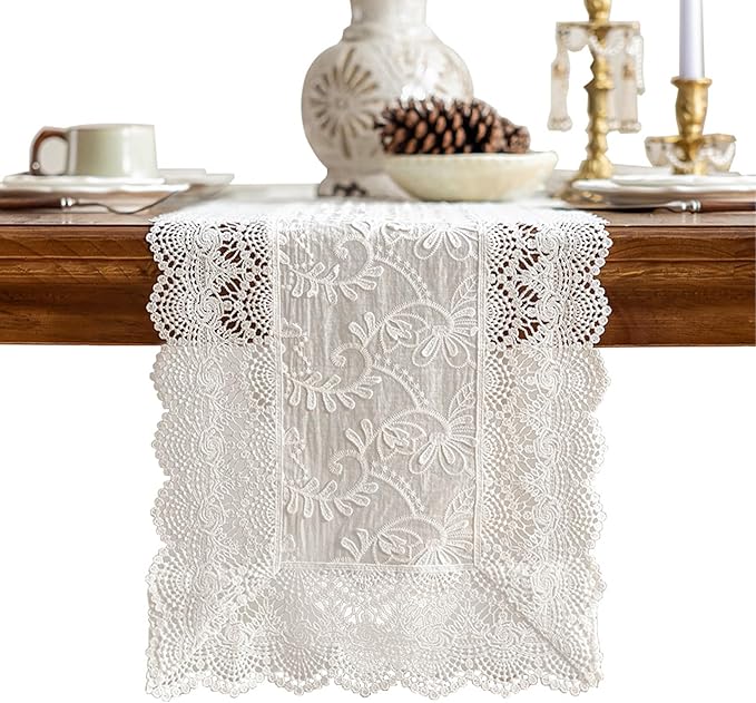 White Elegant Vintage Lace Table Runner,Wedding Lace Decor with Floral Embroidery,Tea Party Decor (White, 13.8X79 Inches)
