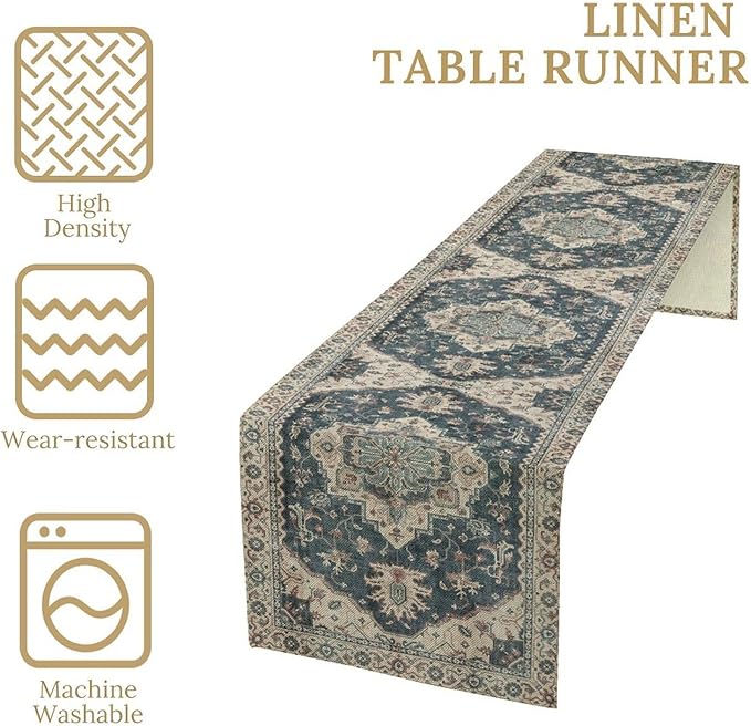 Boho Bohemia Style Table Runner, Vintage Blue Retro Flower Rustic Country Style Floral Print Pattern for Home Kitchen Table Decor Dining Coffee Room Garden Party Decor 13x72in