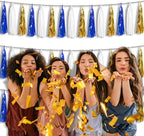 3P Metallic Fringe Tassel Banner Garland Foil Tinsel Streamer Wall Hanging Curtain Backdrop Banners for Parade Floats Birthday Party Graduation Retirement Party Decorations(Navy-Blue White and Gold)