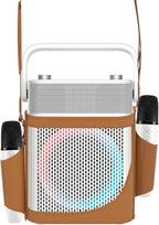 Karaoke Machine with 2 UHF Wireless Microphones with Leather Bag, IPX4 Waterproof Portable Bluetooth Speaker with Lights for Adults, Outdoor Karaoke Speaker Support Bluetooth/AUX/USB/PC (White)