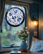 Stained Glass Window Hanging, Blue and White Abstract Flowers Sun Catcher for Door Home Decor Suncatcher Christmas Mother's Day Birthday Gifts for Women Men Mom and Nana 7.8 in