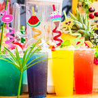 Summer Reusable Drinking Straws 24 Packs Pool Party Decorations Beach Fruit Party Favors Hawaiian Tropical Straws Goodie Bag Gifts for Birthday Party Supplies with 2 Cleaning Brushes