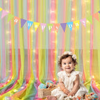 Rainbow Tulle Backdrop Curtain with Lights String 10x8ft Rainbow Sheer Backdrop Curtains for Girls Birthday Party Baby Shower Photo Shoot Background Decorations