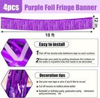 4 Pack 10 Feet Purple Foil Fringe Garland Metallic Tinsel Streamers Banner Wall Hanging Curtain Backdrop for Parade Floats, Wedding, Graduate, Mother's Day, Birthday Party Decoration