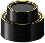 100PCS Black Plastic Plates Set with Gold Rim, 50 10.25 inch Dinner Plates and 50 7.5 inch Dessert Plates, Premium Disposable Plates forfor Party, Wedding, Holiday,And Halloween