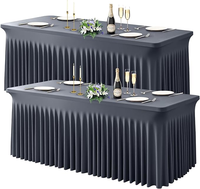 Wish Care 2 Pack Gray Spandex Table Clothes for 4 Foot Rectangle Tables, 4FT Wrinkle Free Fitted Tablecloths Ruffles Design Table Cover for Party, Banquet, Wedding and Events