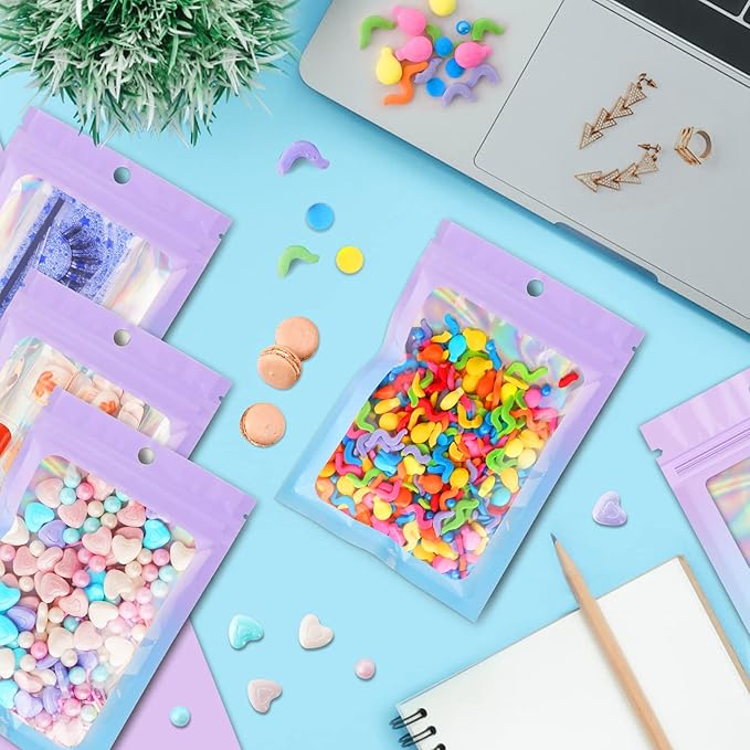 Funfery 100 Pack Gradient Holographic Bags,Mylar Resealable Bag with Zipper,Clear Window Packaging Pouch,Smell Proof Bags for Food Storage,Sample Jewelry Baggies(5.5x7.9In,Purple Blue)