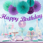 Teal-purple Lavender Girl Mermaid-birthday Party-decorations - 21pcs Happy Banner,Under The Sea Ocean Paper Lanterns Honeycomb Streamers,Tissue Pom Poms Flower Fan,Classroom Hanging Decor Huglony
