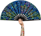 UV Glow Rave Fan, Bamboo Folding Clack Hand Fans Foldable for Men Women, Boots on the Ground Poping Fan for EDM Festival Line Dance Decoration, (Alchemical Signs, Large 13")