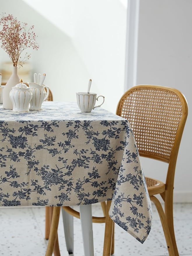 Pastoral Rectangle Tablecloth - 52 x 70 Inch - Beige Linen Table Cloth - Washable Table Cover with Dust-Proof Wrinkle Resistant for Restaurant, Picnic, Indoor and Outdoor Dining, Floral (Dark Blue)